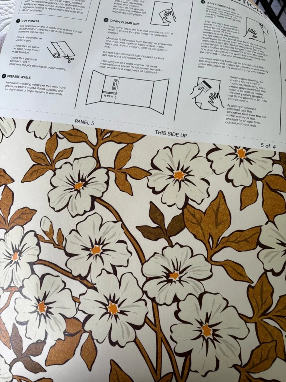 Wallblush Floral Vine Wallpaper Panel in White and Mustard - Home Wall Decor